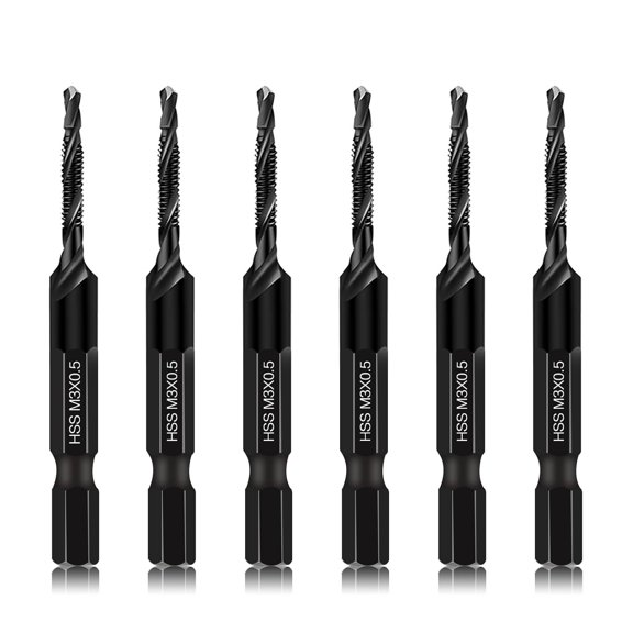 TGHTBA-6 Packs M3 Combination Drill & Taps Bit Set, Screw Tapping Threading Tools in Size M3*0.5 with Anti-Rust Black Coating, 1/4" Hex Shank and Storage Case