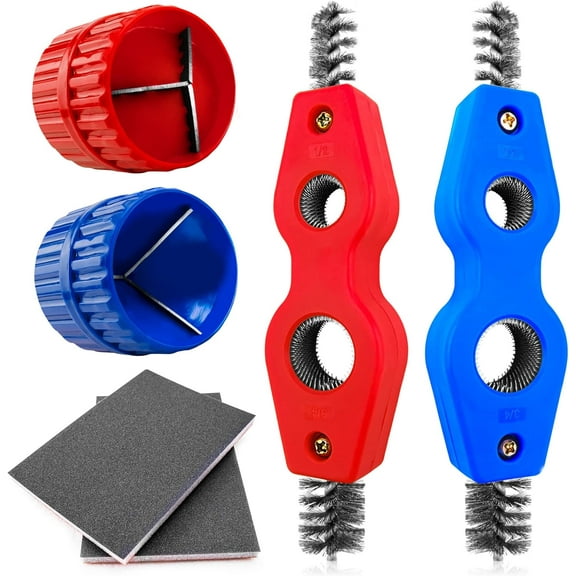 TGHTBA-6 Pieces Copper Pipe Cleaner and Reamer Value Set - 2 Pcs Copper Pipe Cleaner, 2 Pcs Reamer and 2 Pcs Sanding Sponge, 4 in 1 Pipe Deburring Brush Tools for Plumbing PVC PPR Brass Aluminum Pipe