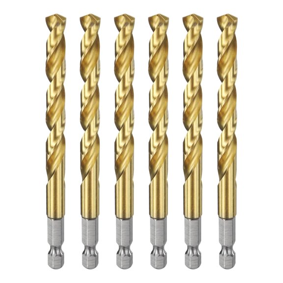 TGHTBA-6pcs 1/4" Hex Shank Drill Bit 5/16" Gold Titanium M2 High Speed Steel Twist Drill Bit 135 Degree Split Point Tip Drilling Tool with Quick Change Hex Shank for Metal Wood Plastic