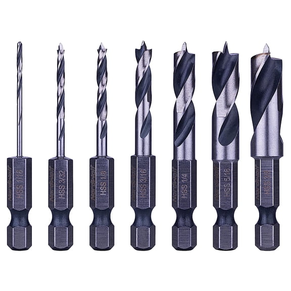 TGHTBA-7-Piece HSS Brad Point Stubby Wood Drill Bit Set with 1/4" Hex Shank for Carpenter Woodworking, SAE Sizes 1/16"-3/32"-1/8"-3/16"-1/4"-5/16"-3/8"