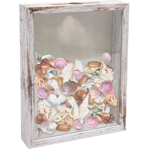 TGHTBA-8x10 Top Loading Shadow Box Frame with HD Glass,Wood Display Case with Slot,1.25 inches Interior Depth,Ideal for Wine Bottle Caps,Tickets,Shells,Stamps and More,White