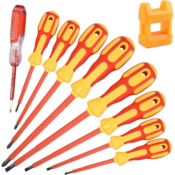 TGHTBA-9 Piece 1000V Insulated Electrician Screwdrivers Set with Magnetic Tips, Slotted and Phillips Bits Non-Slip Grip, with 1 Test pen Electrical screwdriver set