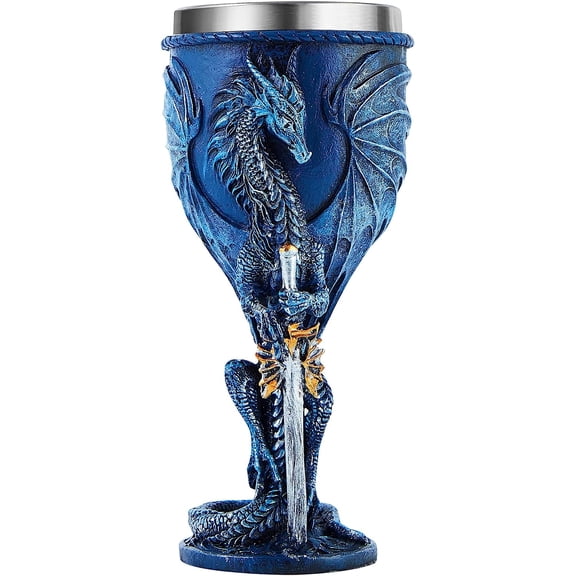 TGHTBA-Blue Dragon Goblet Stainless Steel Dungeons and Dragons Gift Chalice Wine Goblet 7 oz. (Blue Sword Dragon)