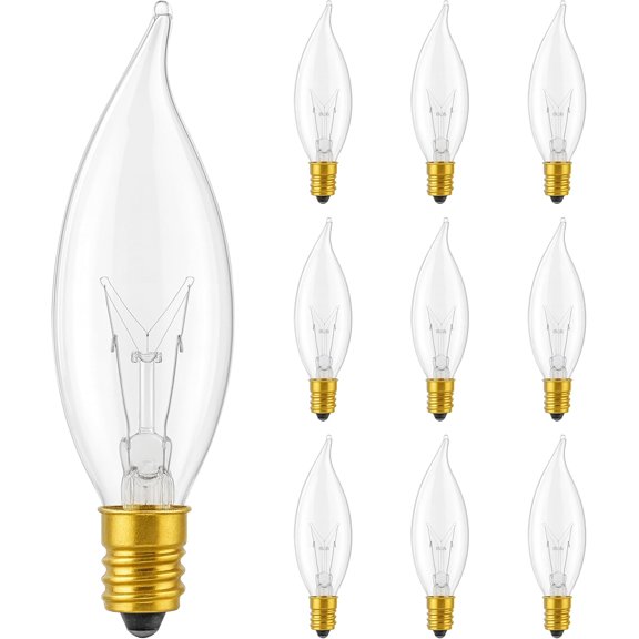 TGHTBA-CA8 Decorative Incandescent Candelabra Bulbs (10-Pack), 15W Clear Flame Tip, Dimmable Candle Light Bulbs, E12 Base, 100 Lumens, 2700K Warm White