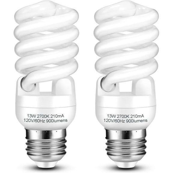 TGHTBA-CFL Light Bulbs E26 Base, T2 Spiral 13Watt (60Watt Equivalent) Soft White 2700K 900lm Compact Fluorescent Light Bulbs, UL Approved, 120v 60Hz, Self Ballasted CFL Bulbs, Pack of 2