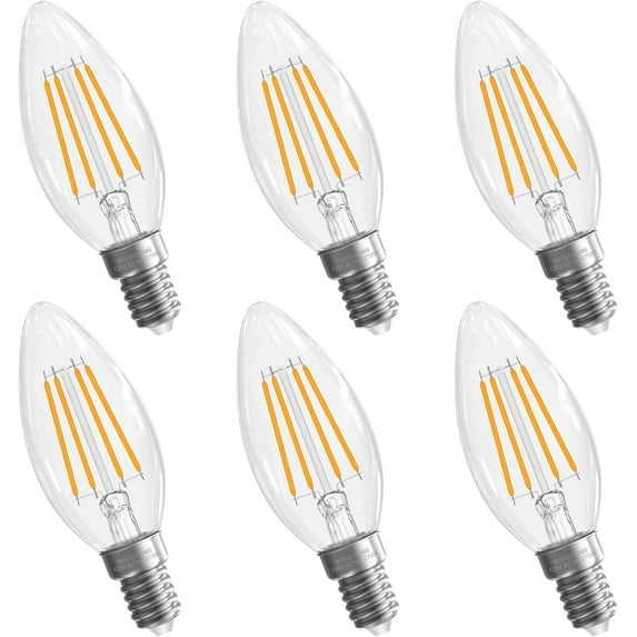 TGHTBA-Candelabra Light Bulbs, 6W Equivalent to 60 watt, E12 LED Bulb Non-Dimmable 2700K Soft White, LED Chandelier Bulb, B10 Candle Bulbs, 90+CRI, 600LM, Cear Glass, 6 Pack