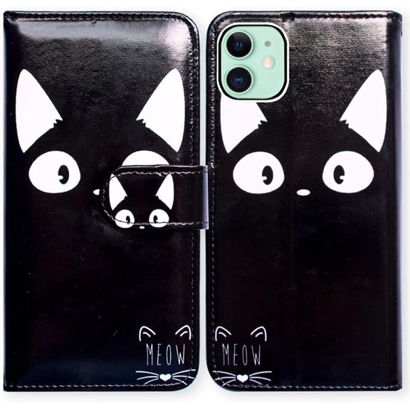 TGHTBA-Case for iPhone 11, White Ear Cat Black Card Slot Wallet Leather Cover Case with Kickstand and Card Holder Slots Side Pocket for iPhone 11