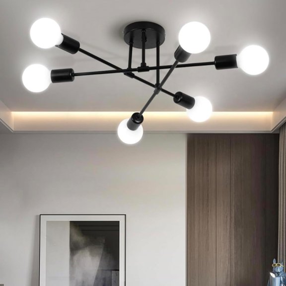 TGHTBA-Close to Ceiling Light Lamp Industrial Shape DIY E26 Modern Vintage Iron Ceiling Lamp for Bedroom Living Room Kitchen Corridor Hallway Chandeliers (Black, 6T)