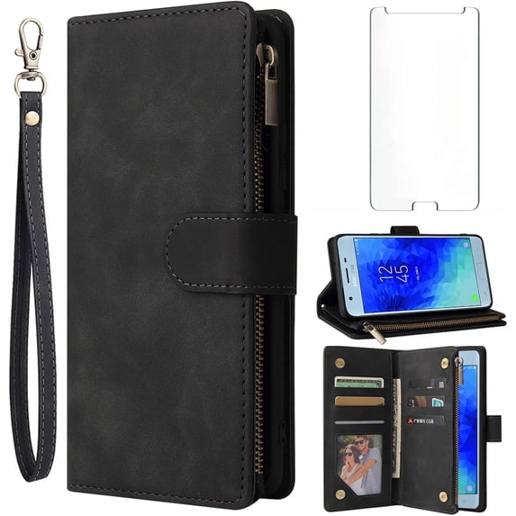 TGHTBA-Compatible with Samsung Galaxy J7 Star J 7 Crown 7J Refine 2018 J7V V 2nd Gen Wallet Case and Tempered Glass Screen Protector Flip Cover Cell Phone Cases for Glaxay Aura S767VL SM J737V Black