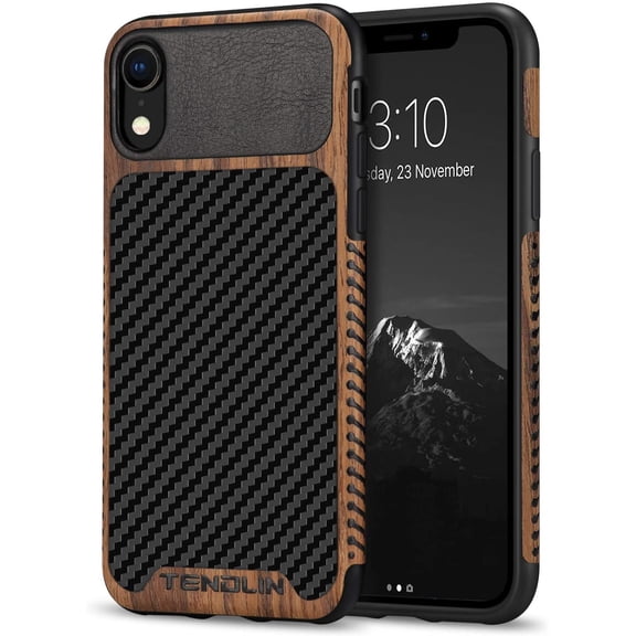 TGHTBA-Compatible with iPhone XR Case Wood Grain with Carbon Fiber Texture Design Leather Hybrid Slim Case Compatible with iPhone XR (Carbon & Leather & Wood) Black