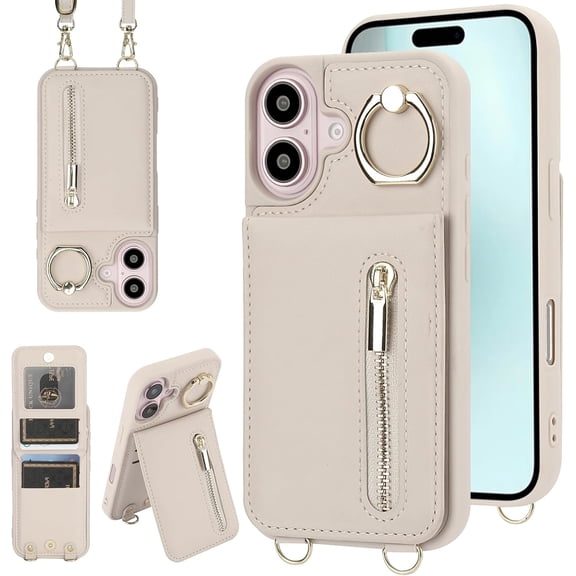 TGHTBA-Crossbody Wallet Case for iPhone 17, with Card Slots Zipper Pocket Case, Flip Folio Purse RFID Blocking with Detachable Strap-Beige