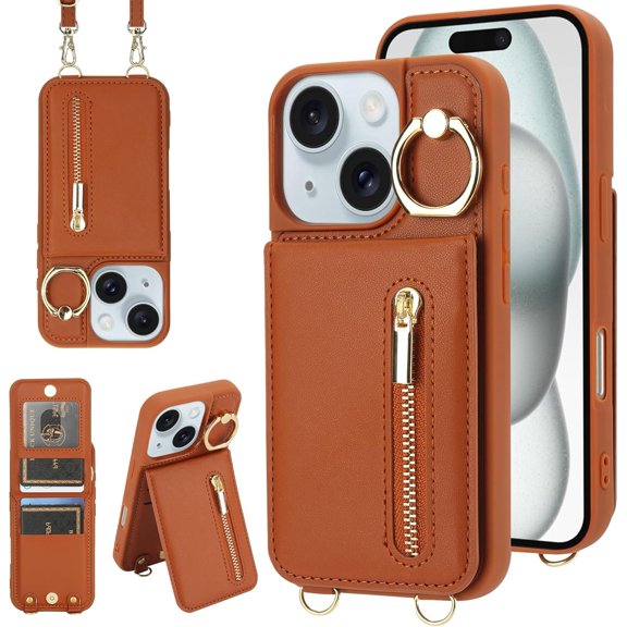 TGHTBA-Crossbody Wallet Case for iPhone 12/12 Pro, with Card Slots Zipper Pocket Case, Flip Folio Purse RFID Blocking with Ring Kickstand Detachable Strap-Brown