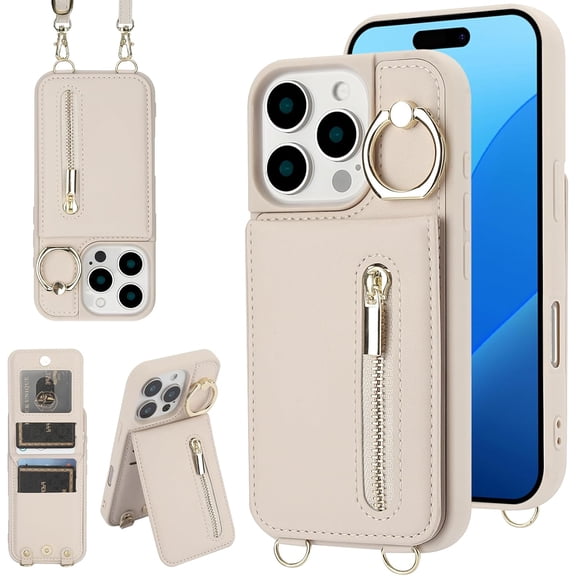 TGHTBA-Crossbody Wallet Case for iPhone 14 Pro Max, with Card Slots Zipper Pocket Case, Flip Folio Purse RFID Blocking with Ring Kickstand Detachable Strap-Beige