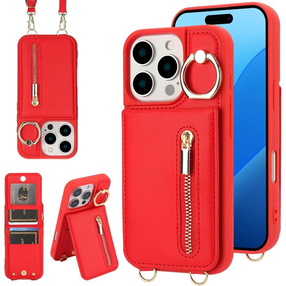 TGHTBA-Crossbody Wallet Case for iPhone 16 Pro, with Card Slots Zipper Pocket Case, Flip Folio Purse RFID Blocking with Ring Kickstand Detachable Strap-Red