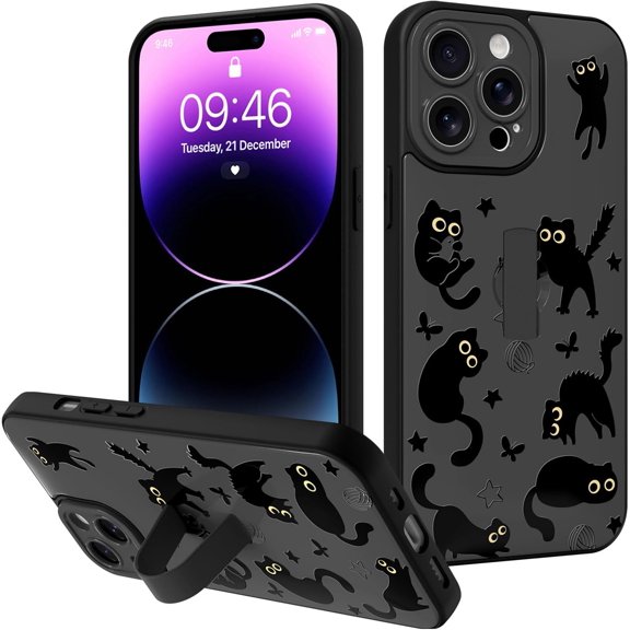 TGHTBA-Designed for iPhone 14 Pro Max Case Cute Cats Built-in Finger Strap Phone Grip Kickstand for Women Girls, TPU Hard PC Shockproof Camera Protection 6.7"-Black