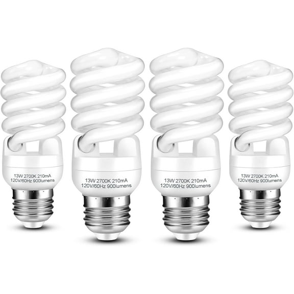 TGHTBA-E26 CFL Light Bulbs 13Watt, T2 Spiral Soft White 2700K 900lm E26 Medium Base Compact Fluorescent Light Bulbs, UL Approved, 120v 60Hz, Self Ballasted CFL Bulbs (60Watt Equivalent), Pack of 4