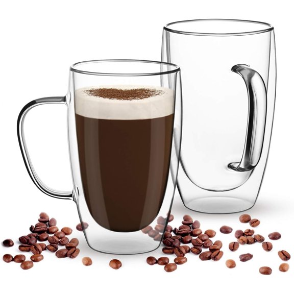 TGHTBA-Espresso Cups Set Of 2 15 Oz, Double Walled Glass Coffee Mugs with Handle,Insulated Layer Coffee Cups,Clear Borosilicate Glass Mugs,Perfect for Cappuccino,Tea,Latte,Espresso,Hot Beverage,Wine