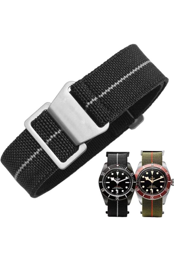 -French Troops Paratrooper Watchband,Military Elastic Nylon Watch Strap with Hook-and-Loop for Men Women Silver & Black Buckle 18/20/22mm