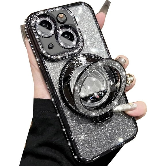 TGHTBA-Glitter Kickstand Case for iPhone 15 Plus, Luxury Bling Sparkly Diamond Rhinestone with Camera Protector Liquid Flowing Ring Stand TPU Bumper Women Girls Case for iPhone 15 Plus 6.7" (Black)