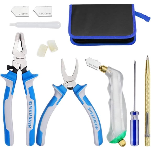 TGHTBA-Heavy Duty Glass Running Pliers Breaker Grozer Pliers Set 12PCS Glass Cutting Tool Kit Oil Feed Glass Cutter with 3 Size Cutter Head Oil Dropper Screwdriver Engraved Pen Leather Zipper Bag