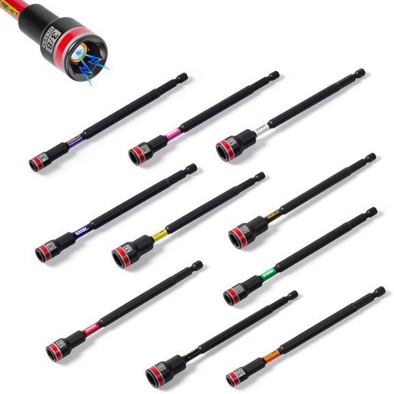 TGHTBA-Impact Nut Driver Set, 10 Pieces 6Long 6mm,8mm,10mm,11mm,13mm 1/45/163/87/161/26 Point Alloy Steel Magnetic Metric/SAE Nut Setter Set 1/4 Hex Shank Impact Driver with Case Box