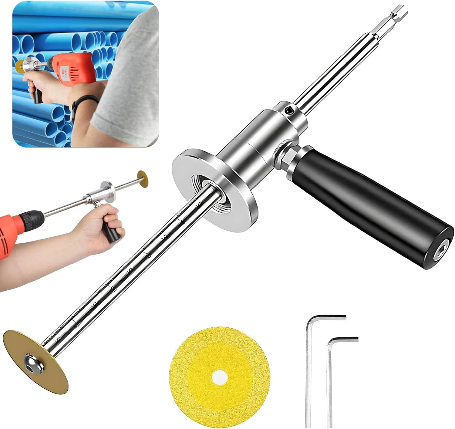 Inside Pipe Cutter For PVC – 7 Inch Adjustable Cutting Depth, Fits 1-1/2 To 8 Inch Pipes, With Diamond Grit Wheel And 1/4 Inch Hex Handle