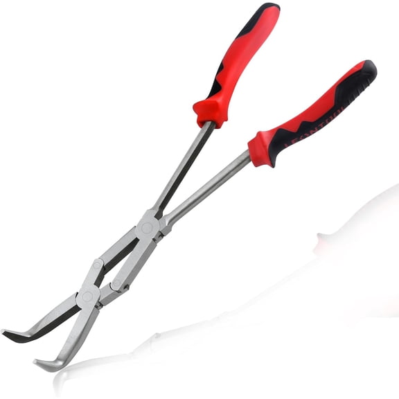 TGHTBA-Long Reach 90 Degree Bent Nose Pliers 13-Inch Dual Pivot Double Joint Serrated Jaw Angled Needle Nose Extra Extended for Narrow Spaces and Limited Areas