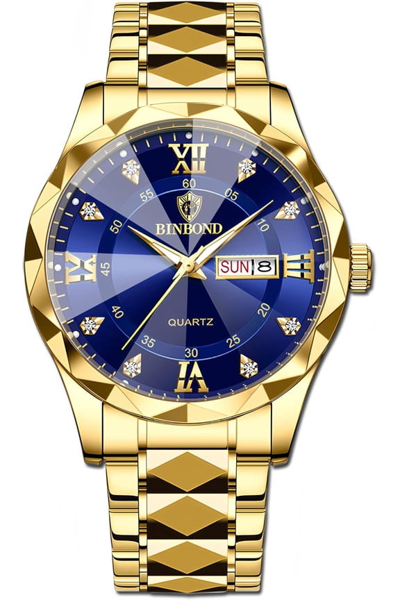 -Luxury Men's and Women's Business Diamond Stainless Steel Waterproof Roman Numeral Analog Quartz Watch with Day-Date Calendar, Gold and Silver Tone