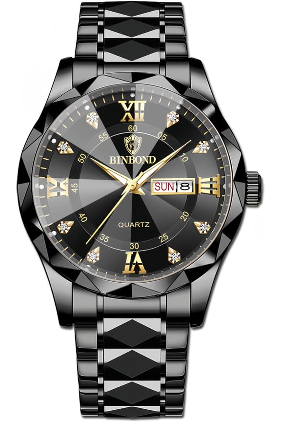 -Luxury Men's and Women's Business Diamond Stainless Steel Waterproof Roman Numeral Analog Quartz Watch with Day-Date Calendar, Gold and Silver Tone