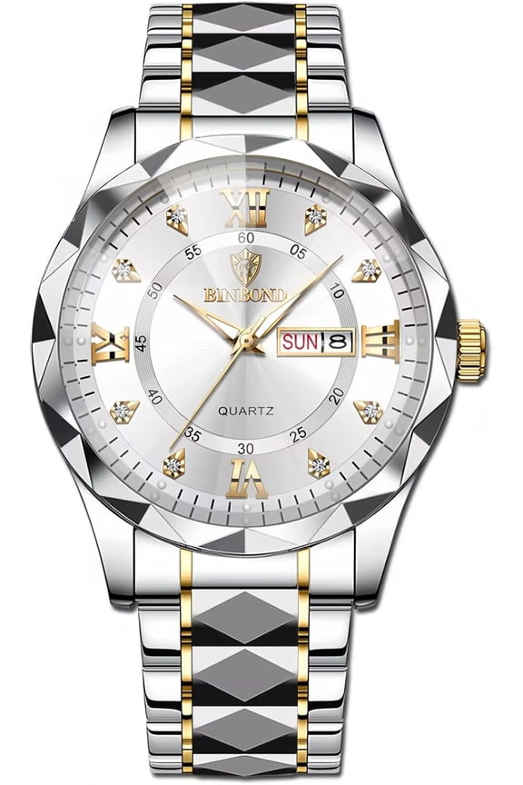 -Luxury Men's and Women's Business Diamond Stainless Steel Waterproof Roman Numeral Analog Quartz Watch with Day-Date Calendar, Gold and Silver Tone