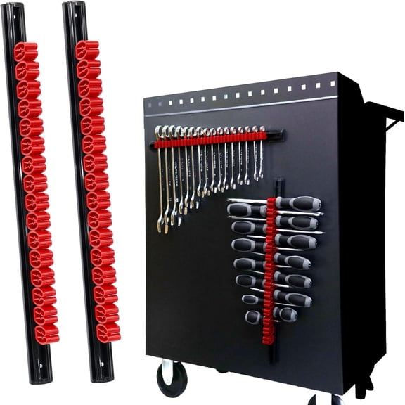 TGHTBA-Magnetic Screwdriver Organizer, 2-PC, Magnetic Screwdriver Holder, Screw Driver Organizer for Tool Box Drawer (32 Slots, Aluminum Rail) (Red)