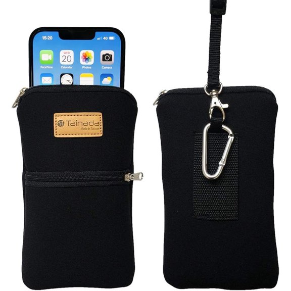 TGHTBA-Men Women Phone Neoprene Shockproof Zippered Sleeve Case Bag Pouch w/Carabiner Clip Hook, Neck Lanyard, Belt Loop Holster for iPhone 17/16 Pro Max, Air, 16e, 16 Plus; Samsung S25+ (Black)