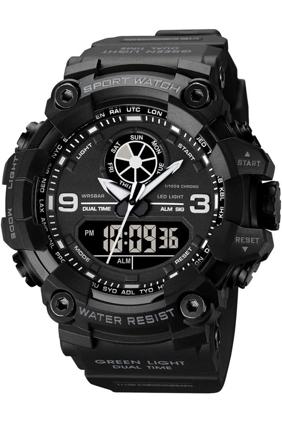-Mens Military Watches for Men, Men's Wrist Watches, Analog Digital Watch Stop Watches for Sports, Large Dual Time 12/24H Gifts for Him
