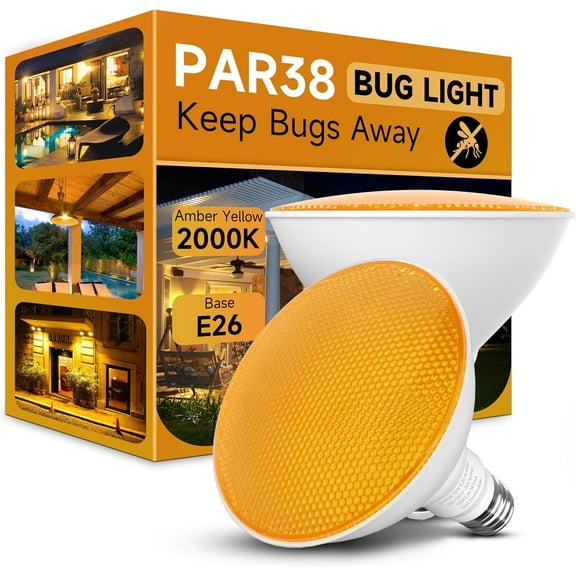TGHTBA-PAR38 LED Bug Lights for Outside, Amber Yellow 150W Flood Light Bulbs Equivalent, 15W Energy Saving, E26 Base, Not-dimmable, for Outdoor Backyard, Garage, Garden, Porch, 2 Pack