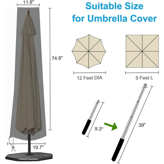 TGHTBA-Patio Umbrella Cover for 9ft to 12ft Outdoor Umbrellas - 420D Waterproof Garden Market Umbrella Cover Outside Parasol Covers with Zipper for Deck Pool Beach Umbrellas, Dark Grey