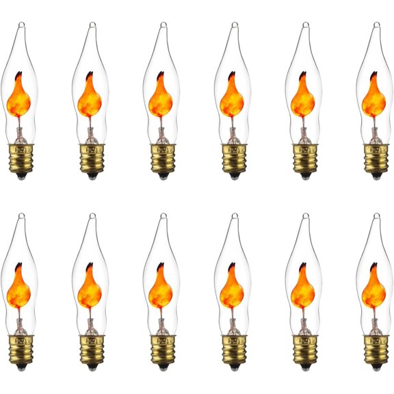 TGHTBA-Petite Chandelier Flicker Flame Light Bulb Candelabra Base, Orange, for Holiday and Decorative Lighting, E12, Candelabra Base, Clear, 3 Watts, 12 Pack