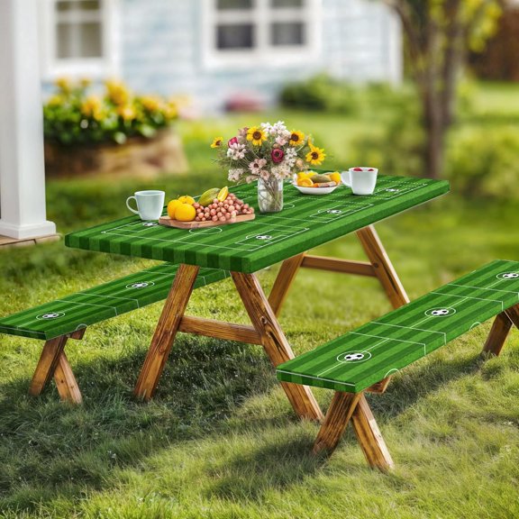 TGHTBA-Picnic Table Cover with Bench Covers, Soccer Party Sports Theme Elastic Edges Waterproof Windproof Camping Essentials, Camping Fitted Tablecloth with Drawstring Bag, 72in, Green