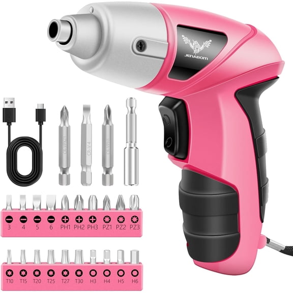 TGHTBA-Pink Cordless Electric Screwdriver, 3.6V Rechargeable Small Electric Drill with 24pcs Driver Bit Set, Power 3.5Nm Screw Gun with LED Light for Women