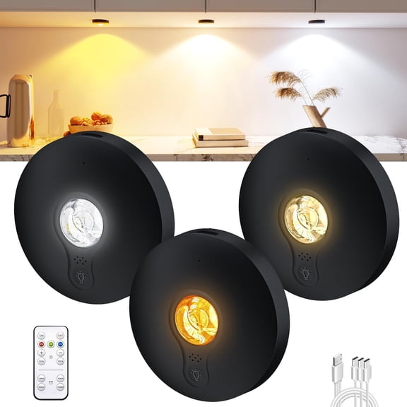 TGHTBA-Rechargeable Puck Lights with Remote Control,2000mAh High Capacity Battery Operated LED under Cabinet Lighting,Dimmable Tap Stick On& Magnetic Mount Wireless Closet Light for Kitchen Counter,S