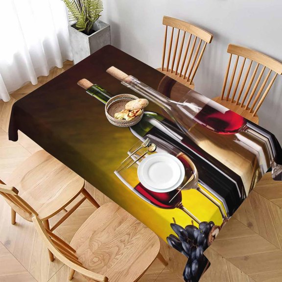 TGHTBA-Red Wine Grapes Rectangular Tablecloth Still Life with Wine Bottles,Glasses and Oak Barrels Polyester Table Cloths for Dining Kitchen Outdoor Picnic Party Wedding Event,Washable 52 x 70 Inch