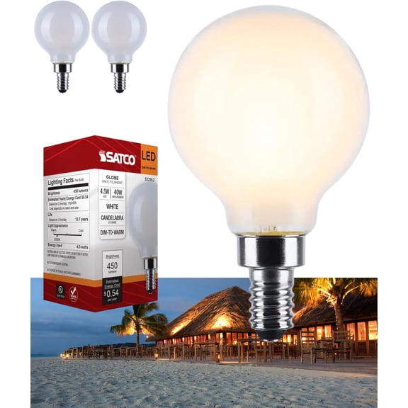 TGHTBA-S12162 4.5W LED G16.5 Globe, Warm Dimming 3000K-2000K, 450 Lumens, 90 CRI, 40W Replacement, White Globe, E12 Candelabra Base, Enclosed Fixture Rated, Dimmable, 120 Volt (2 Pack)