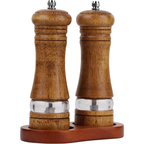 TGHTBA-Salt and Pepper Grinder Set, 2Pcs Oak Pepper Grinder with Stand 6 Inches Adjustable Ceramic Grinder Wooden Pepper Mill Salt Grinder Kit Manual Mills for Home Restaurant kitchen Use