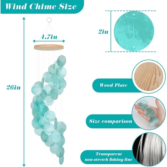 TGHTBA-Seashell Wind Chimes for Outside - Handcrafted Turquoise Spiral Shape Capiz Shells Windchime Coastal Style Decor for Indoor/Outdoors, Garden & Beach Hanging Decor for Wind Chimes Lovers and Mo