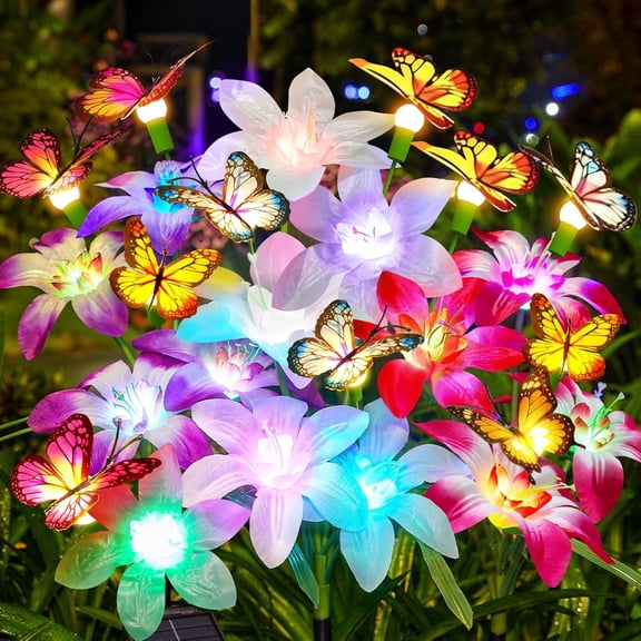 TGHTBA-Solar Lily Lights with Swaying Butterflies, Upgraded Garden Solar Lights Outdoor Decorative, Waterproof Color Changing Garden Decor for Outside Yard Lawn Pathway Gift for Mom Women Grandma