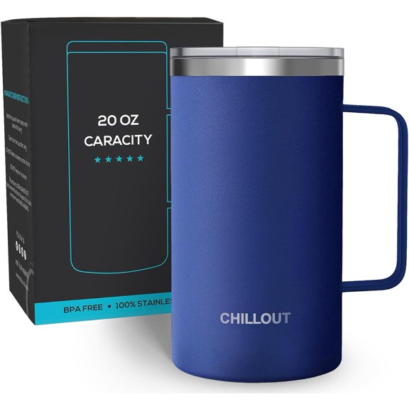 TGHTBA-Stainless Steel 20 oz Vacuum Insulated Coffee Mug with Handle and Lid, Large Thermal Camping Coffee Mug Cup with Durable Sliding Lid for Men & Women, Keeps your Beverages Hot/Cold