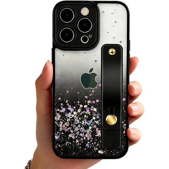 TGHTBA-Strap Case for 6.9" iPhone 16 Pro Max with Wristband Kickstand, Bling Glitter Sparkle Clear Cover Soft TPU Bumper Adjustable Hand Grip Loop for iPhone 16 Pro Max 6.9 Inch, Black