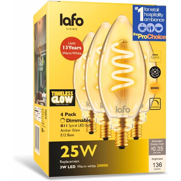 TGHTBA-TimelessGlow 4 Pack Dimmable B11 LED Candelabra Bulb 3W 25W Equivalent Warm Amber 2000K E12 Base CRI80 Amber Glass Spiral Filament ETL FCC Certified Flicker Free Decorative Lighting