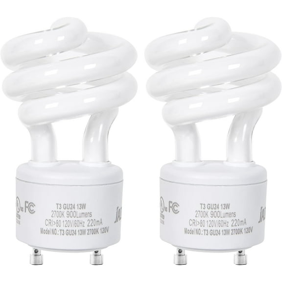 TGHTBA-UL-Listed GU24 CFL Light Bulbs, T3 13W 2700K Warm White GU24 Base Compact Flourescent Bulbs, Energy Efficient 900lm Spiral Bulb, 2-Pack
