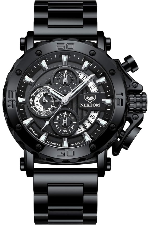 -Watches for Men with Stainless Steel, Quartz Analog Watch with Date, Luxury Minimalist Dress Mens Watches, Chronograph Watch, 3ATM Waterproof, Black Wristwatch, Gifts for Men