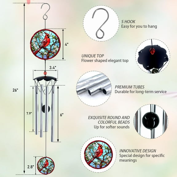 TGHTBA-Wind Chimes for Outside 26" Cardinal Wind Chimes Outdoor Home Patio Garden Decor Windchimes Outdoors Gift Ideas for Women Mom Grandma Sisters